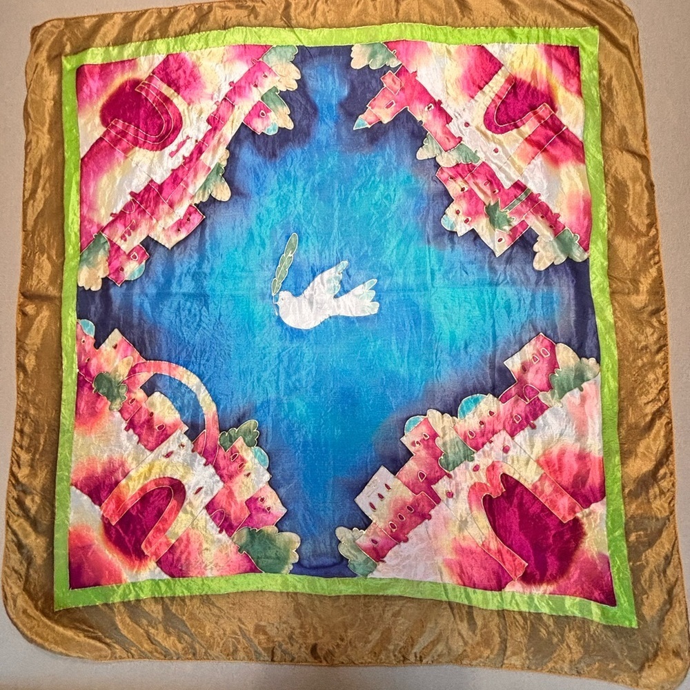 Vintage Hand-Painted Silk Scarf | Artisan Gold & Pink Italian Villa Print